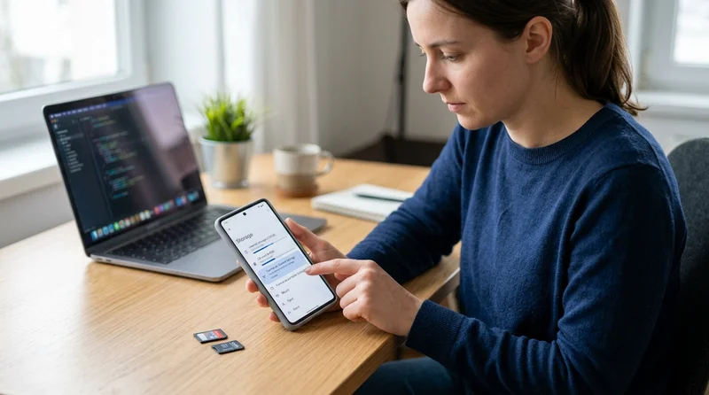Persona usando Android para formatear tarjeta SD en escritorio iluminado