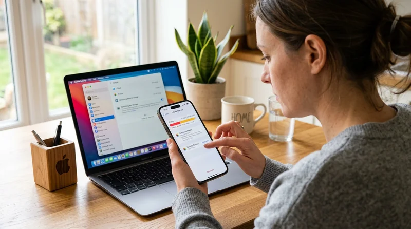 Persona en cocina moderna gestiona almacenamiento iPhone con MacBook Apple