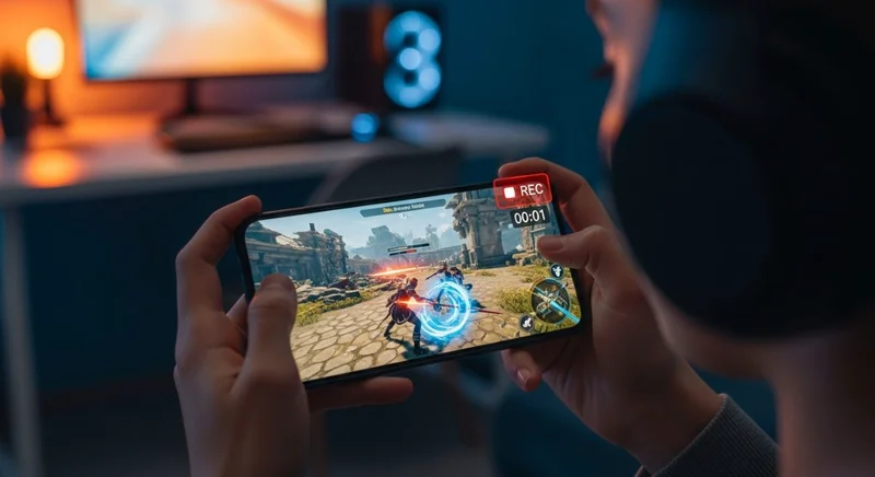 adolescente jugando con smartphone y grabando pantalla con sonido