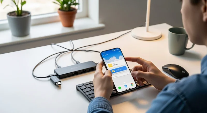 Android conectado a hub USB C OTG con USB Drive