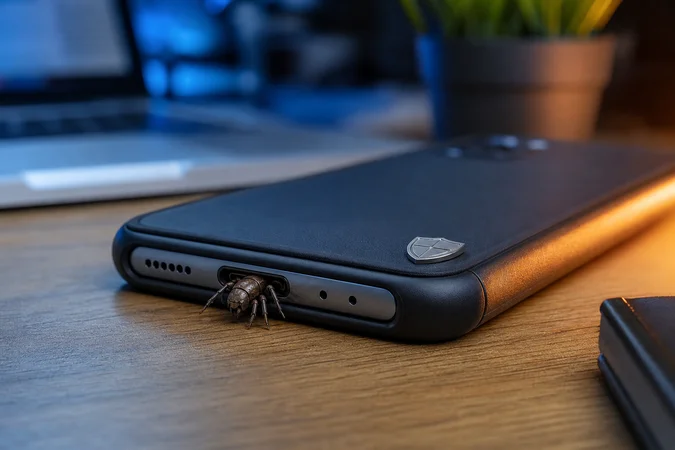 Android moderno sobre escritorio de madera con insecto escultura insignia
