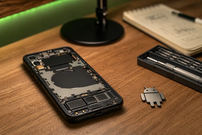 Android smartphone desmontado sobre banco de madera con insignia Android