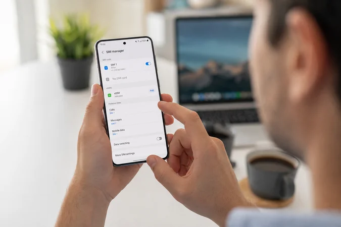 Android smartphone en manos verificando eSIM con Añadir en ajustes