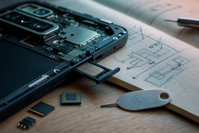 Android teléfono desmontado sobre escritorio claro con herramienta SIM chips