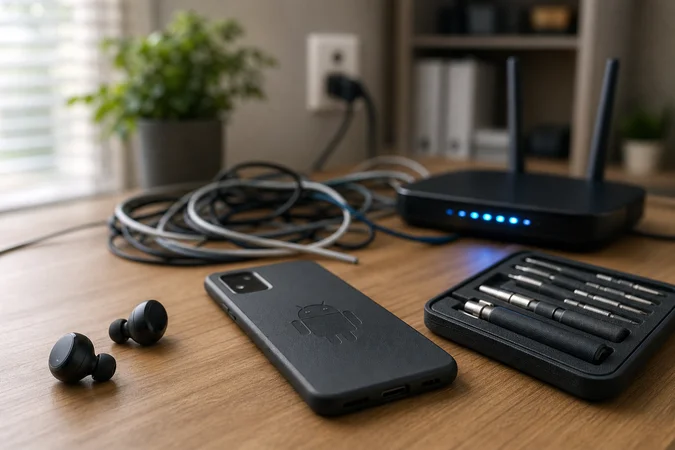 Auriculares Bluetooth junto a smartphone Android y kit diagnóstico en escritorio aclijado