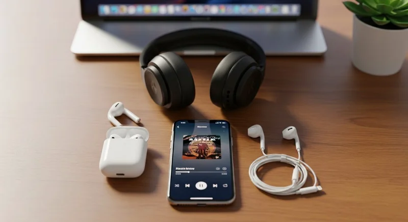 Auriculares y iPhone en mesa minimalista con luz natural