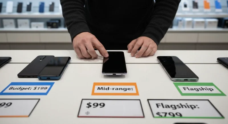 Comprador examinando tres teléfonos Android en mostrador con precios visibles