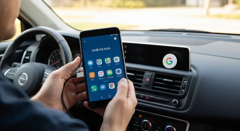 Conductor conecta Android Auto en coche moderno con teléfono y Google