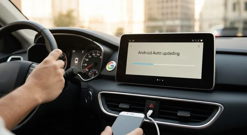 Conductor en coche actualiza Android Auto en pantalla logo Google