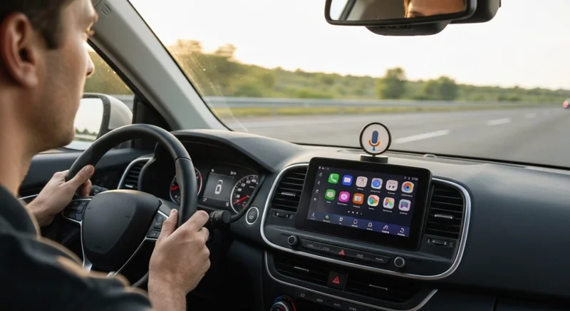 Conductor en coche moderno enfocado en pantalla de infoentretenimiento Google