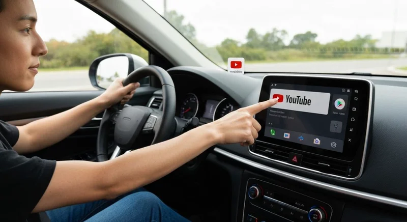 Conductor en coche tocando Android Auto YouTube en consola central