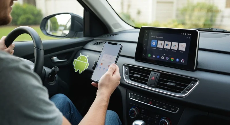Conductor en coche usa Android Auto AAAD Globoplay logo Android