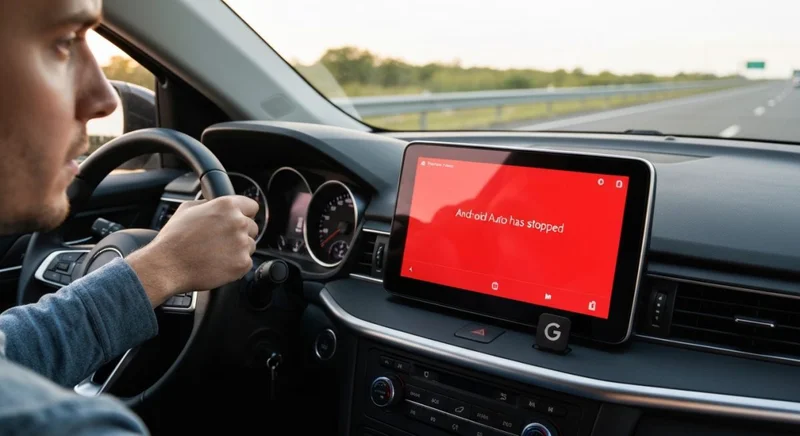 Conductor observa pantalla Android Auto roja con error Google claramente