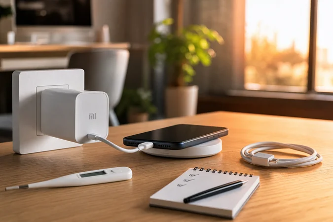 Configuración de carga Xiaomi en escritorio minimalista con logo Mi
