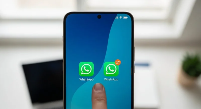 Dedo tocando pantalla de smartphone Xiaomi con dos iconos de WhatsApp