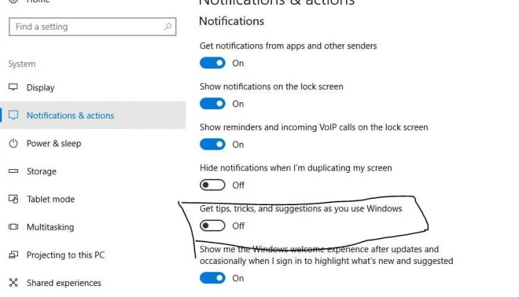 Deshabilitar consejos, trucos y sugerencias en Windows 10