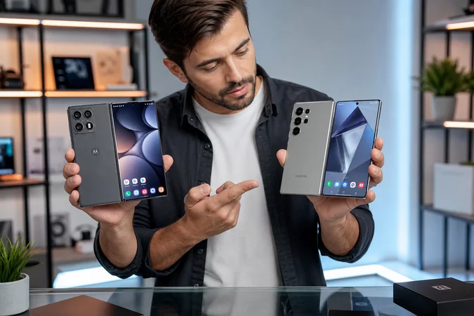 Dos smartphones Motorola y Samsung Galaxy S Ultra pantallas encendidas