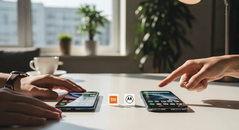 Dos teléfonos Xiaomi y Motorola en escritorio iluminado para comparación