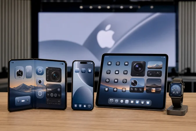 Escritorio moderno con dispositivos Apple iPhone iPad y Apple Watch