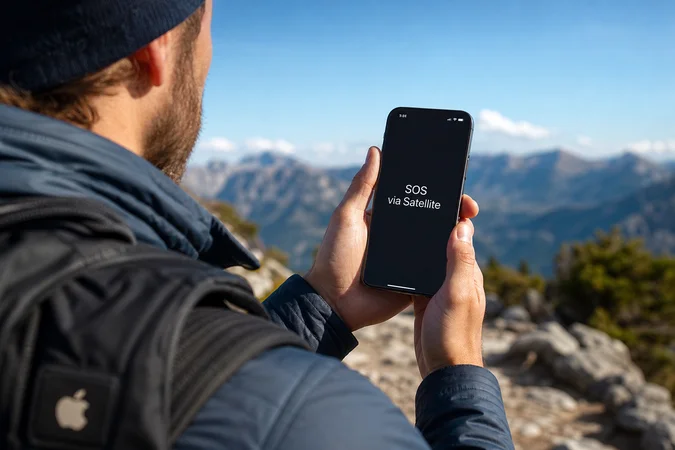 Excursionista sostiene iPhone catorce Plus con SOS visible y Apple