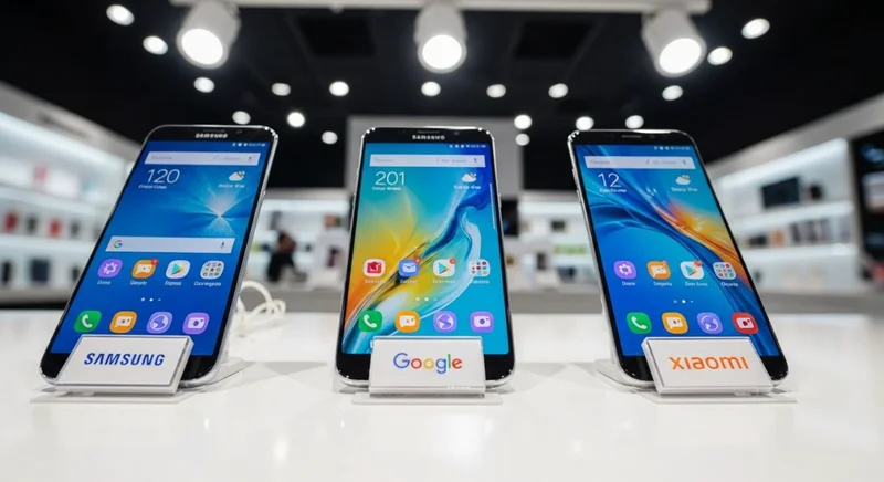 Exposición de tres smartphones Android de Samsung Google y Xiaomi