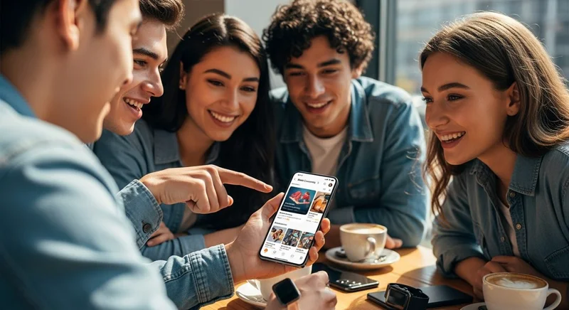 Grupo de amigos sonriendo alrededor de mesa con smartphone Xiaomi