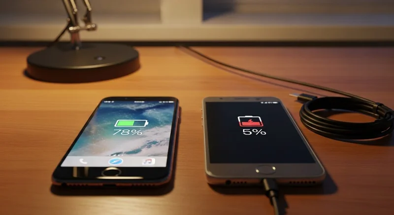 iPhone con 78% batería y Android con 5% sobre escritorio