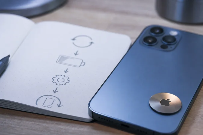 iPhone con placa logotipo Apple sobre escritorio madera junto cuaderno