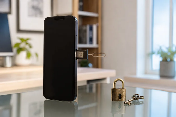iPhone de Apple sobre escritorio de vidrio con candado antiguo