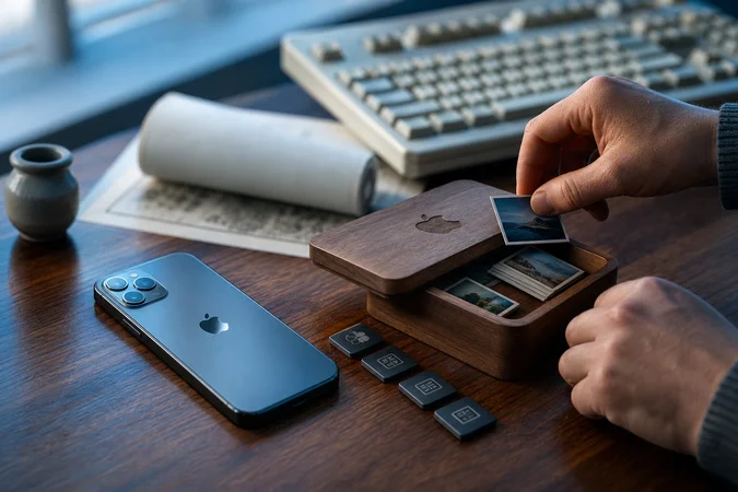 iPhone sobre mesa de madera pulida con caja Apple grabada