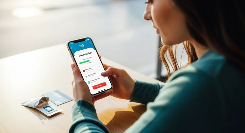Joven en café activando tarjeta SIM con smartphone y tarjeta bancaria