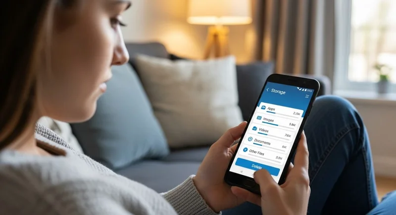 Joven usando smartphone Android en sofá eliminando archivos innecesarios