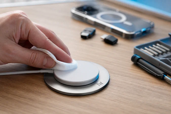 MagSafe de Apple limpiado sobre mesa de madera con logo