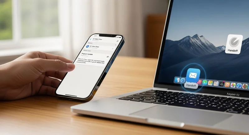 Mano colocando un iPhone moderno junto a un MacBook abierto