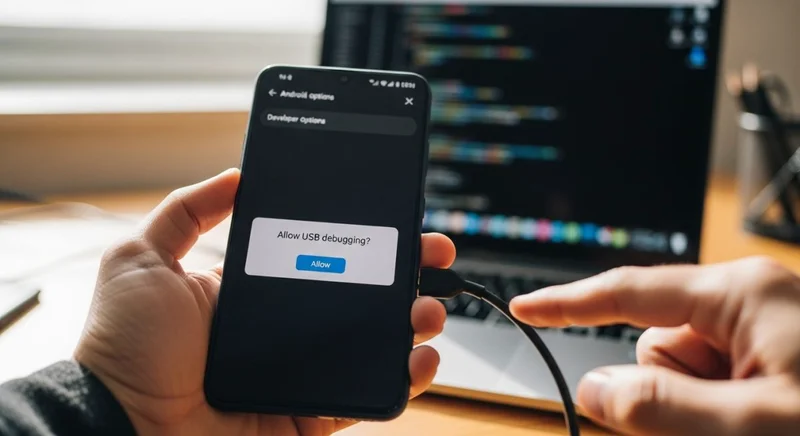 Mano con smartphone Android mostrando opciones de desarrollador junto a laptop