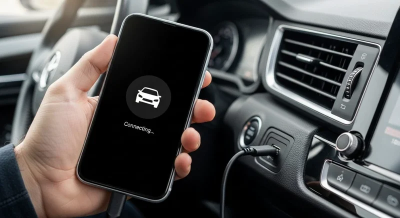 Mano conectando cable USB-C a consola de auto con pantalla activa