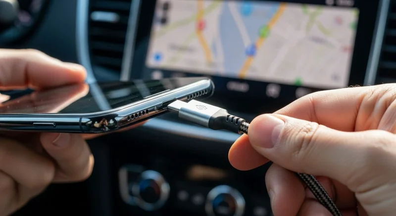 Mano conectando un cable USB-C a un smartphone en coche