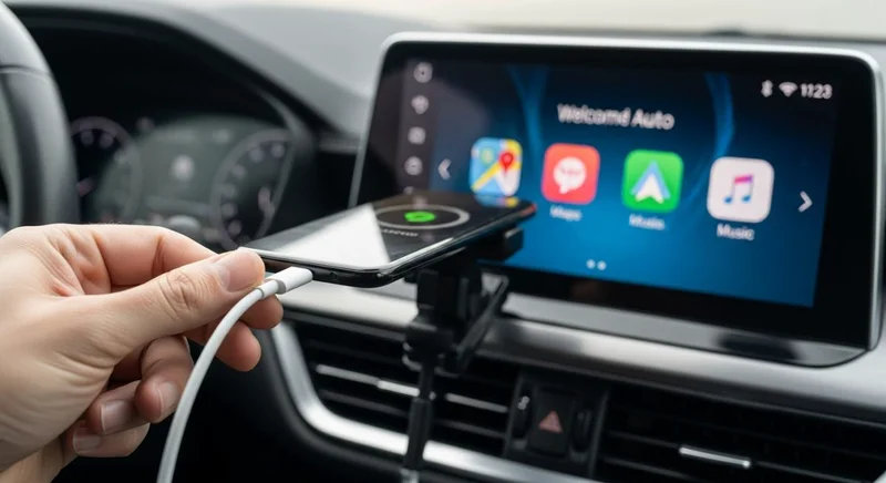 Mano conectando un cable USB-C a un smartphone moderno