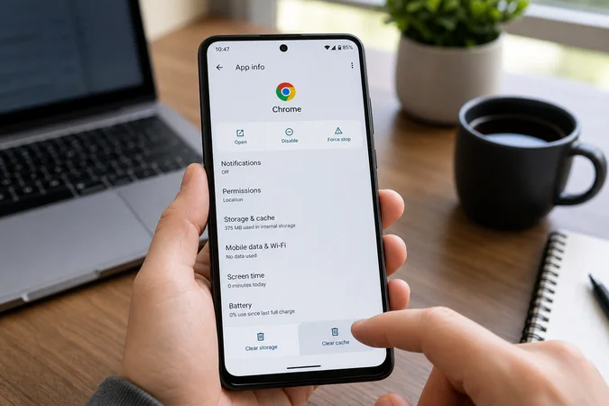 Mano en Android teléfono muestra Android Settings para limpiar caché