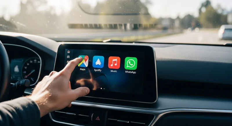 Mano interactuando con pantalla de Android Auto en automóvil moderno