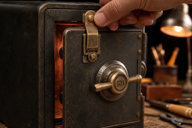 Mano levantando pestillo de caja fuerte vintage con logo Xiaomi