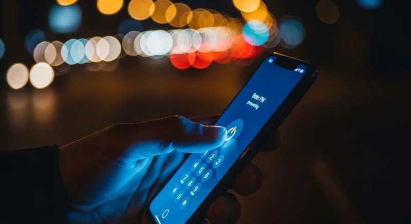 Mano presionando botón de encendido en smartphone con pantalla bloqueada