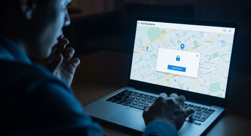 Mano sobre trackpad junto a mapa en laptop de noche