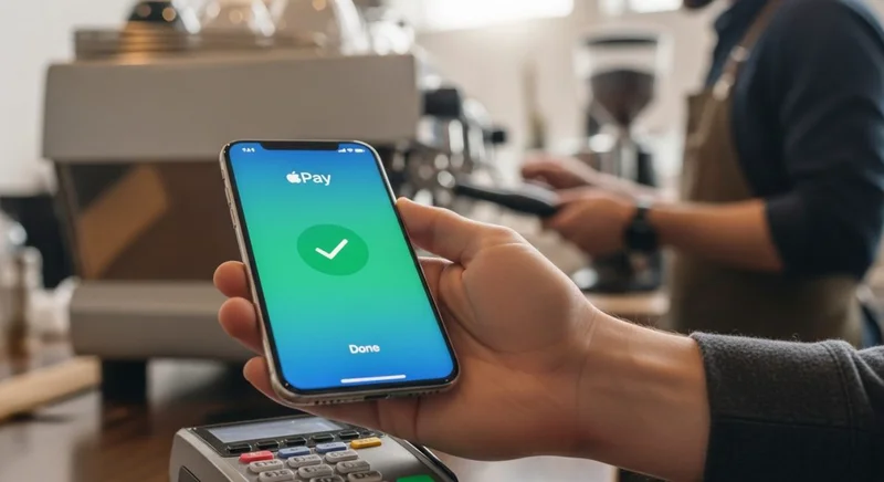 Mano sosteniendo iPhone aplicando pago en terminal de cafetería