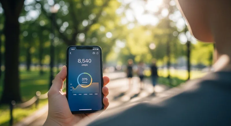 Mano sosteniendo iPhone mostrando Apple Health en parque soleado