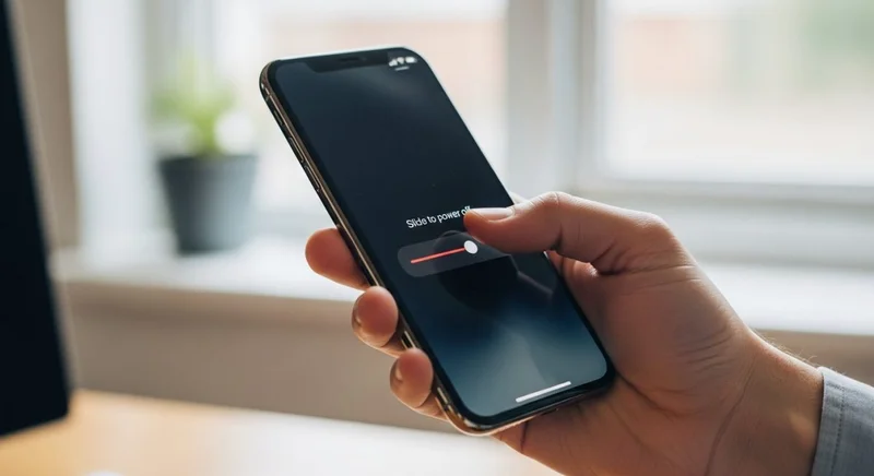 Mano sosteniendo iPhone tocando el icono de deslizar para apagar