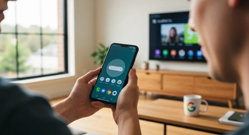 Mano sosteniendo smartphone Android 10 gestos con logo Google TV
