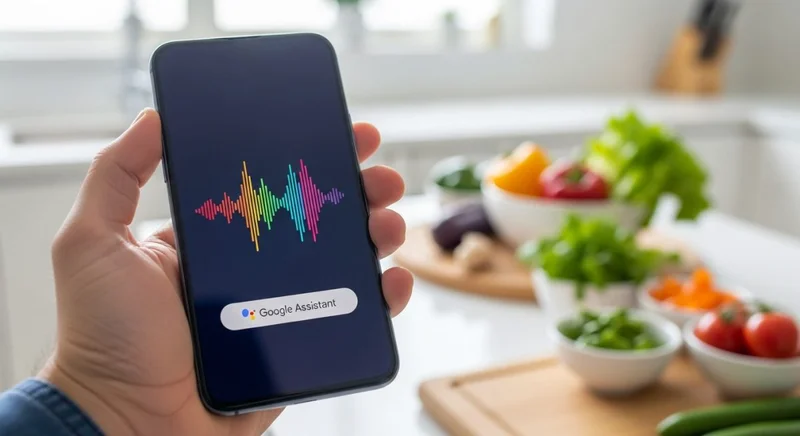 Mano sosteniendo smartphone Android con Google Assistant en cocina moderna