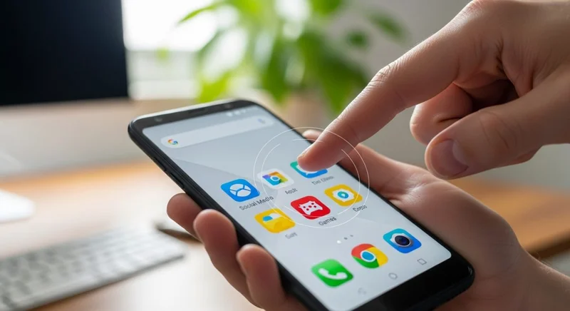 Mano sosteniendo smartphone Android creando carpeta en pantalla de inicio