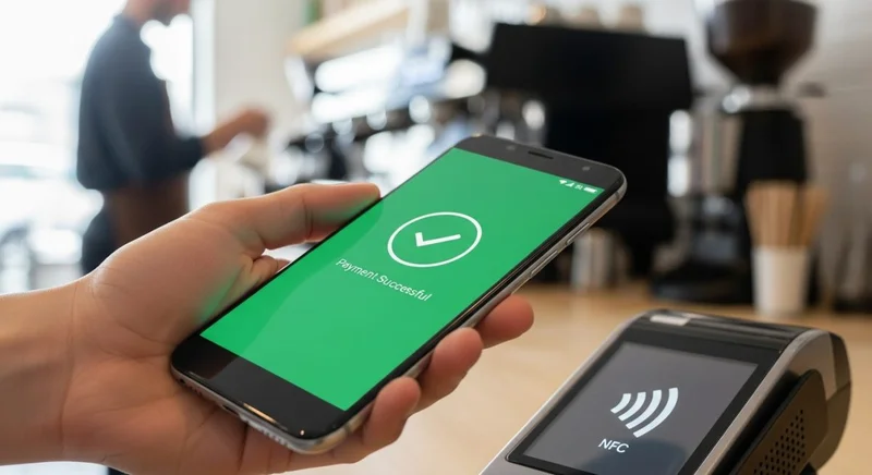 Mano sosteniendo smartphone Android en pago sin contacto en cafetería